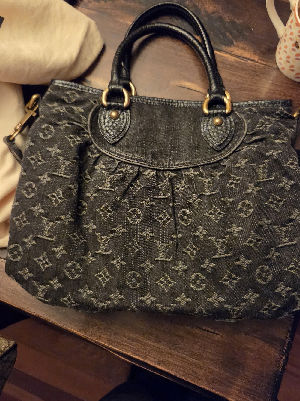 Louis Vuitton Black Monogram Denim Handbag with Leather Handles